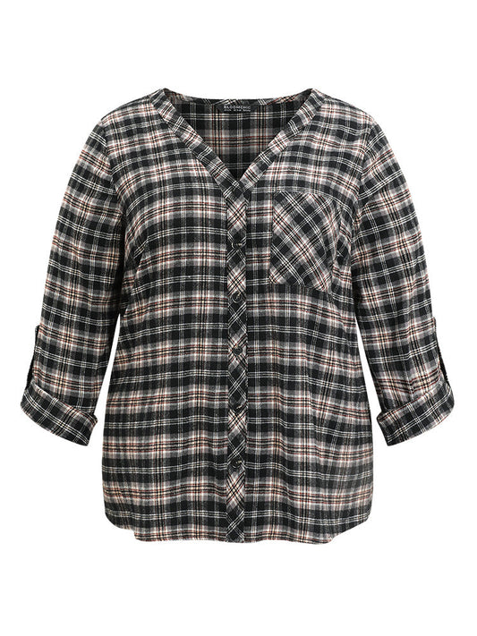 Gingham Tab Sleeve Patched Pocket Blouse