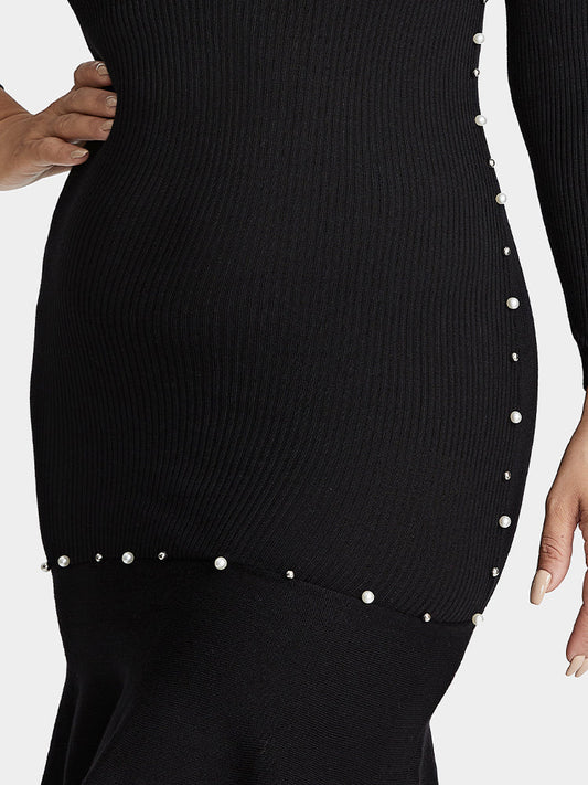 Beaded Ruffle Hem Bodycon Sweater Dress