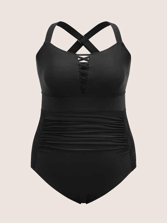 Solid Gathered Crisscross One Piece Swimsuit