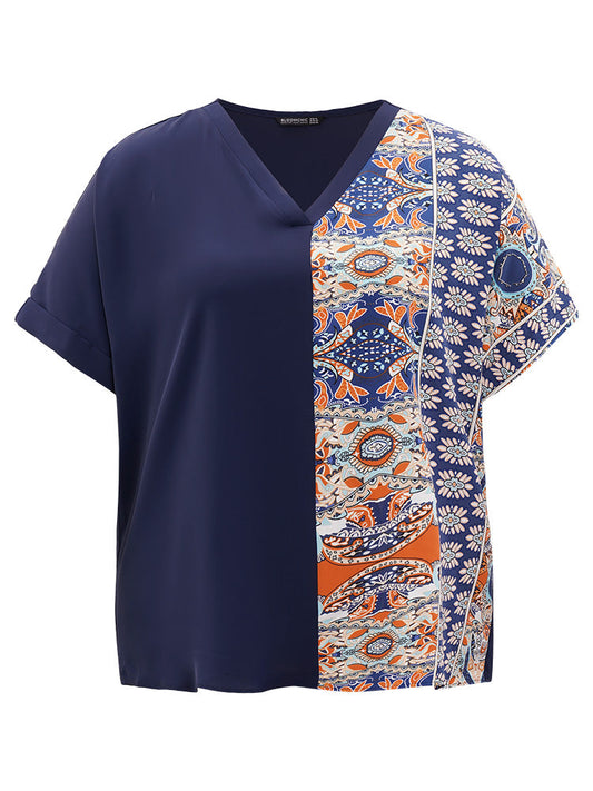 Bandana Print Patchwork Contrast Roll Batwing Sleeve Blouse