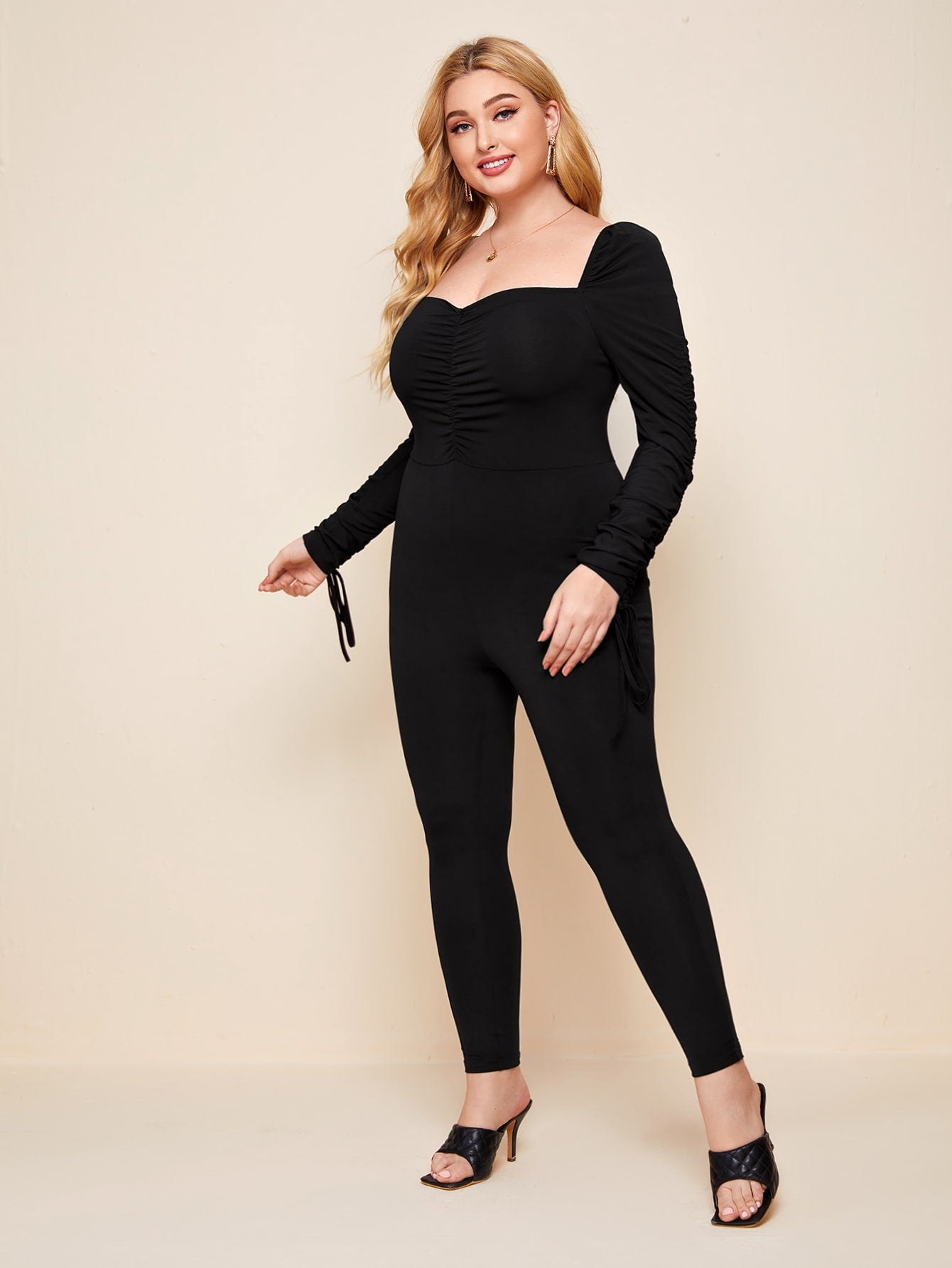 Ruched Front Drawstring Sleeve Jumpsuit