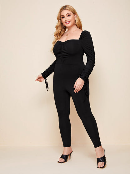 Ruched Front Drawstring Sleeve Jumpsuit