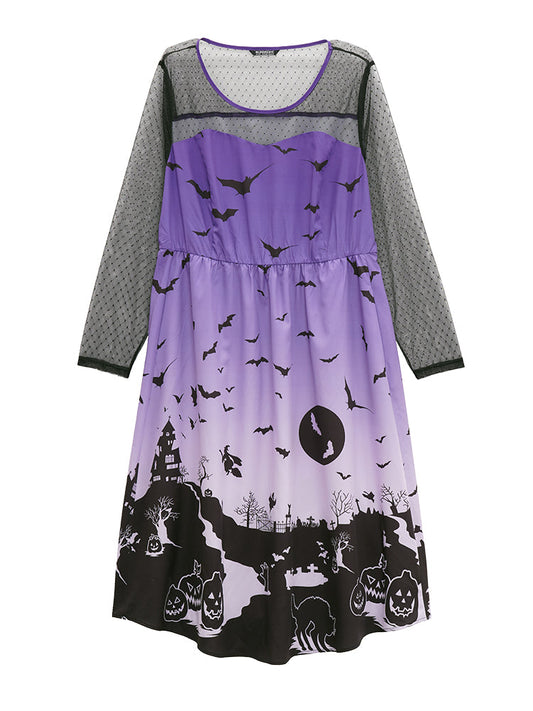Halloween Graphic Pocket Mesh Patchwork Dress