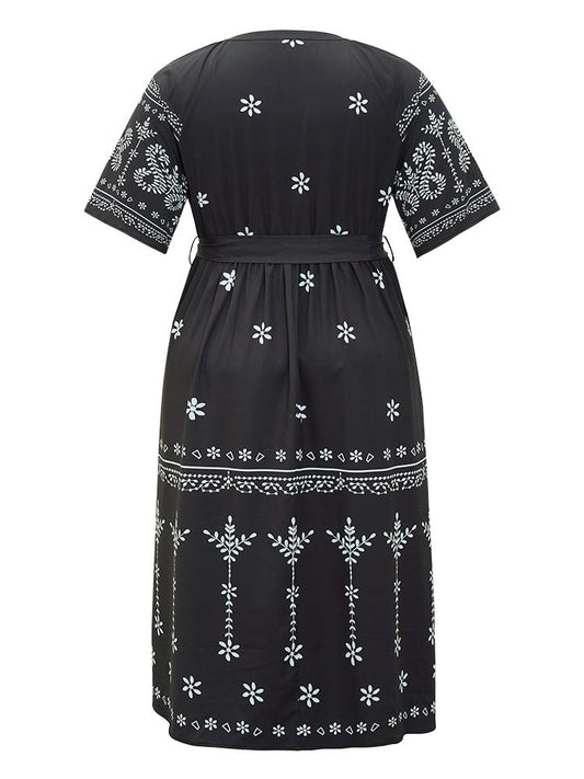 Floral Print Pocket Flutter Hem Belt Notched Dress