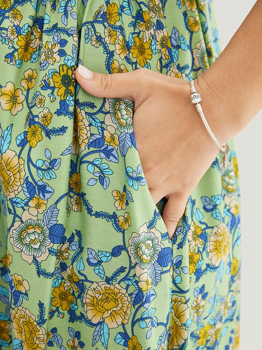 Bandana Print Ruched Pocket Ruffle Sleeve Drawstring Dress