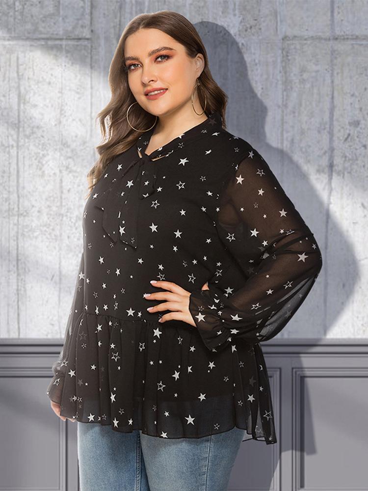 Star Printed Ruffle Tie Chiffon Blouse