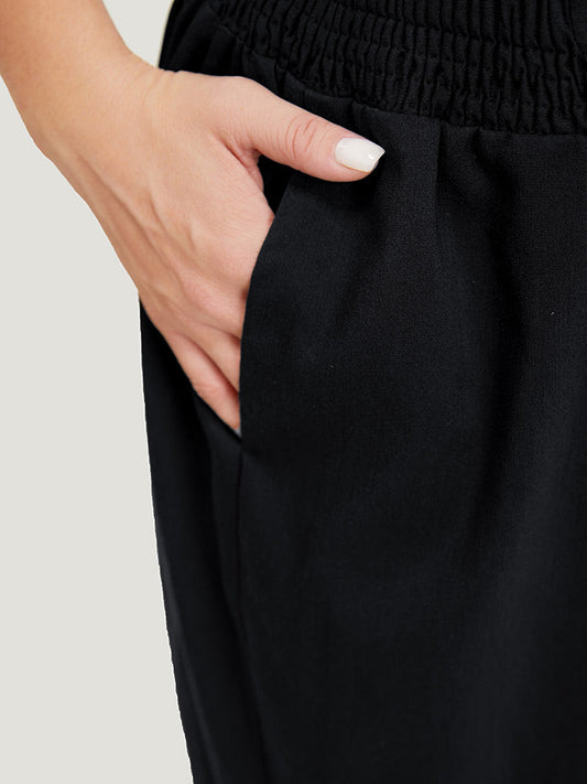Solid Button Detail Shirred Waist Pocket Pants
