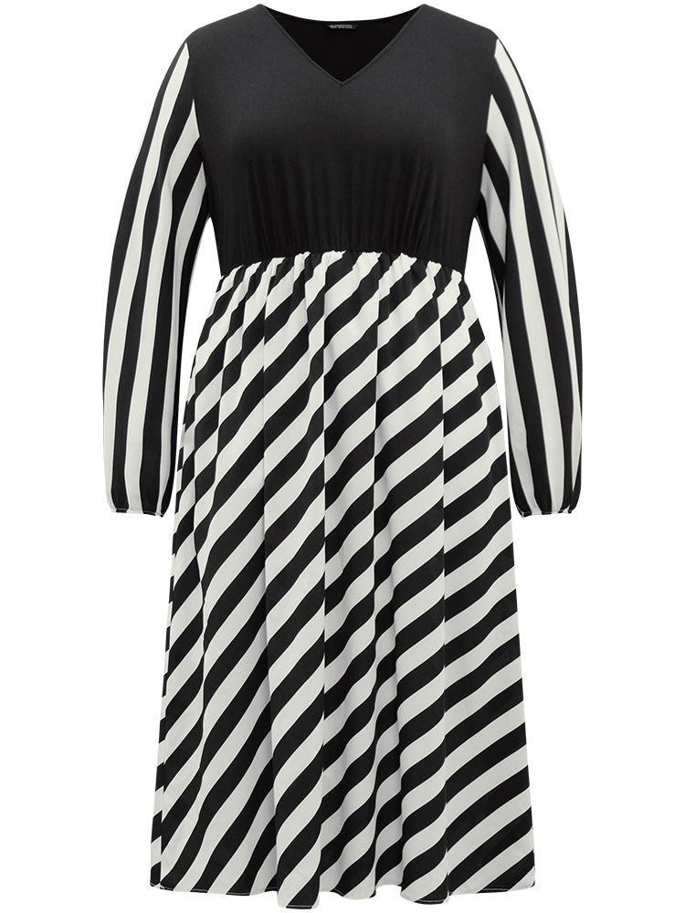 Striped Patchwork Elastic Waist Lantern Sleeve Dress