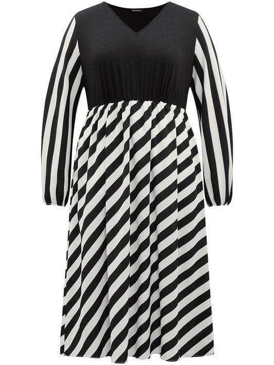 Striped Patchwork Elastic Waist Lantern Sleeve Dress