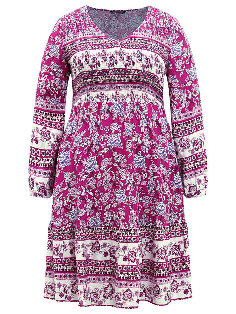 Bandana Print Pocket V Neck Shirred Dress