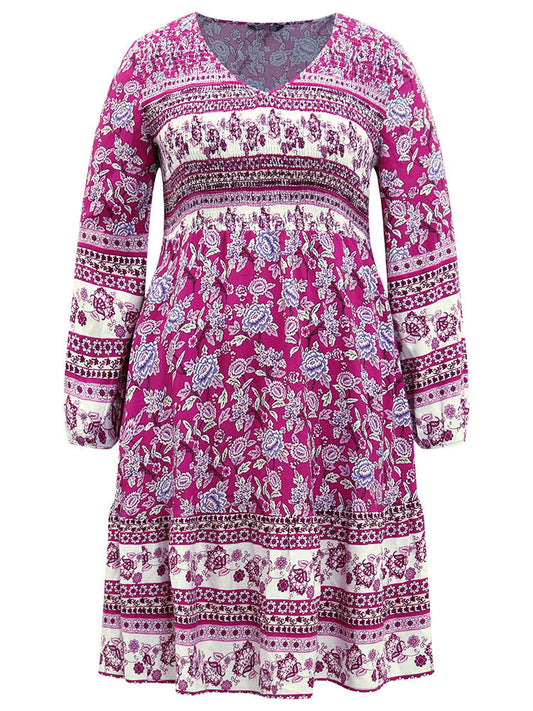 Bandana Print Pocket V Neck Shirred Dress