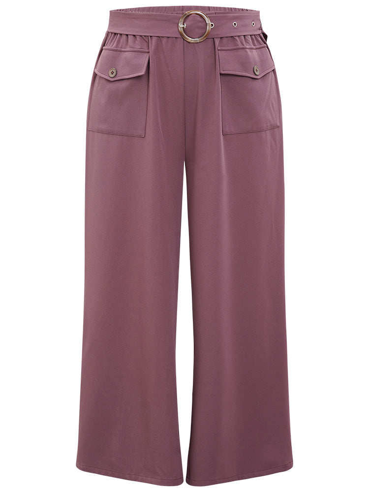 Solid Flap Pocket Buckle Belt Wide Leg Pants