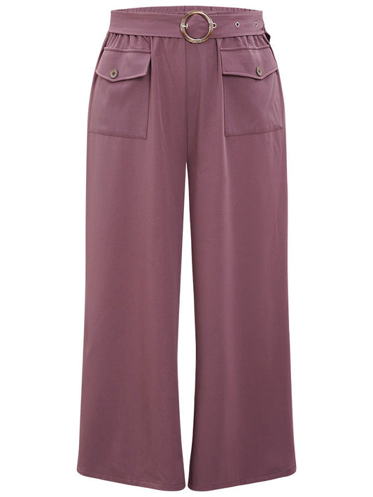 Solid Flap Pocket Buckle Belt Wide Leg Pants