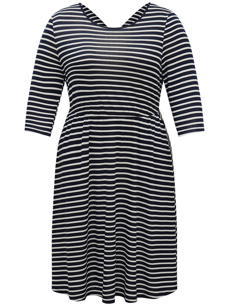 Striped Crew Neck Pocket Twist Back Dress