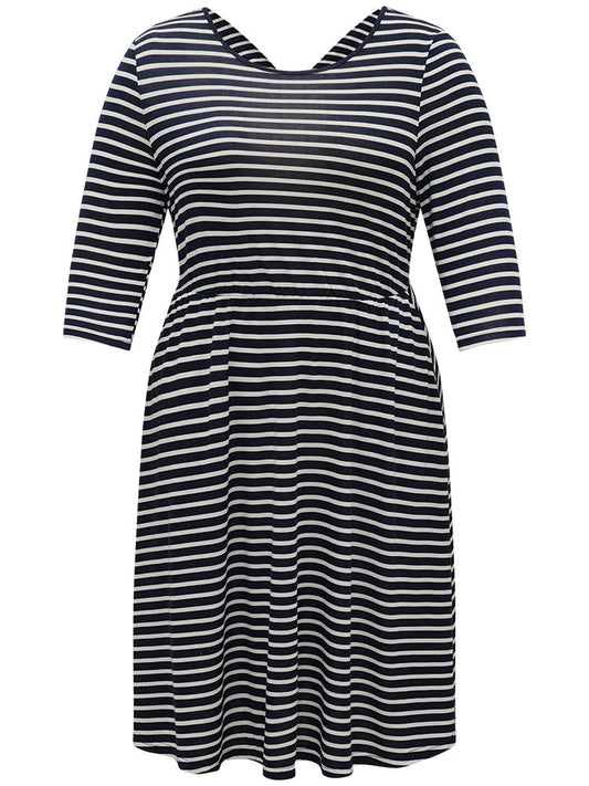 Striped Crew Neck Pocket Twist Back Dress