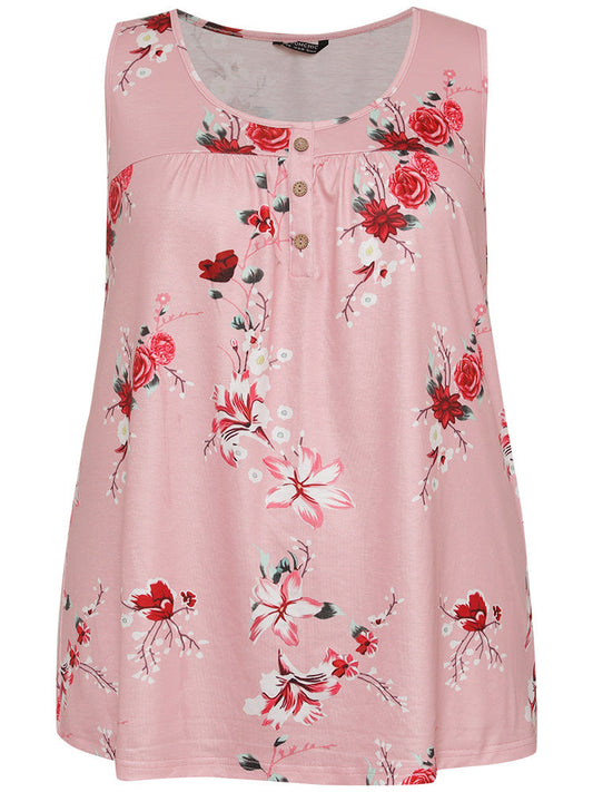 Floral Button Detail Round Neck Tank Top