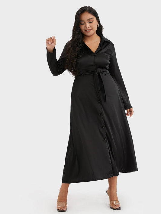 Button Ties Shirt Collar Dress