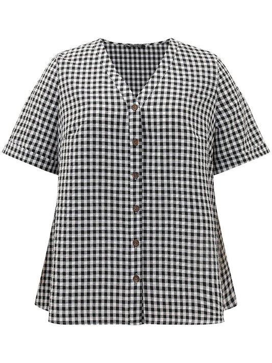 Gingham V Neck Button Through Blouse
