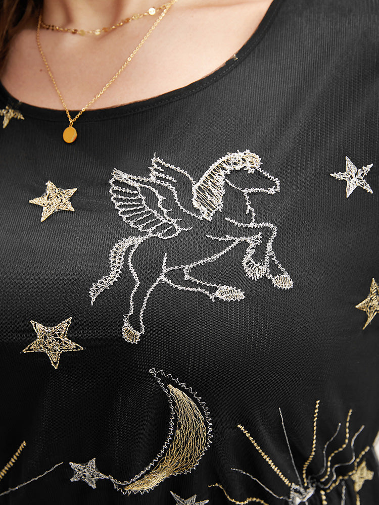 Moon And Star Pocket Lantern Sleeve Embroidered Mesh Dress