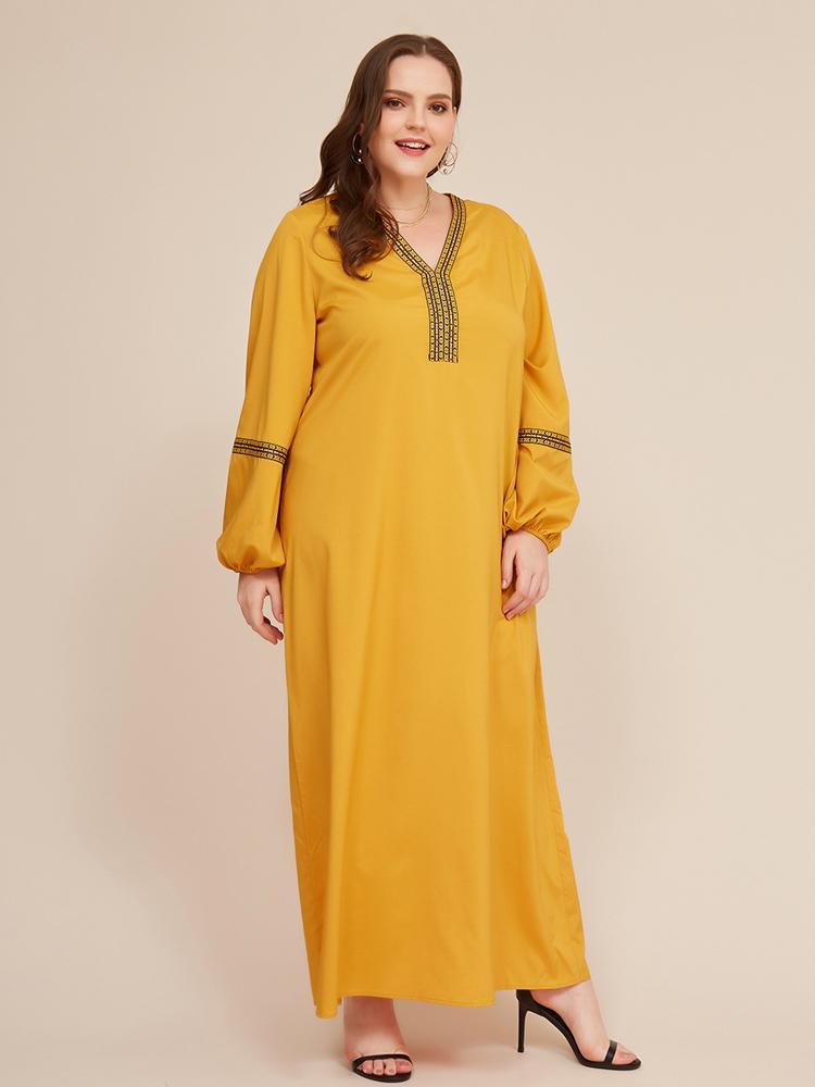 Embroidery V-neck Lantern Sleeve Loose Maxi Dress