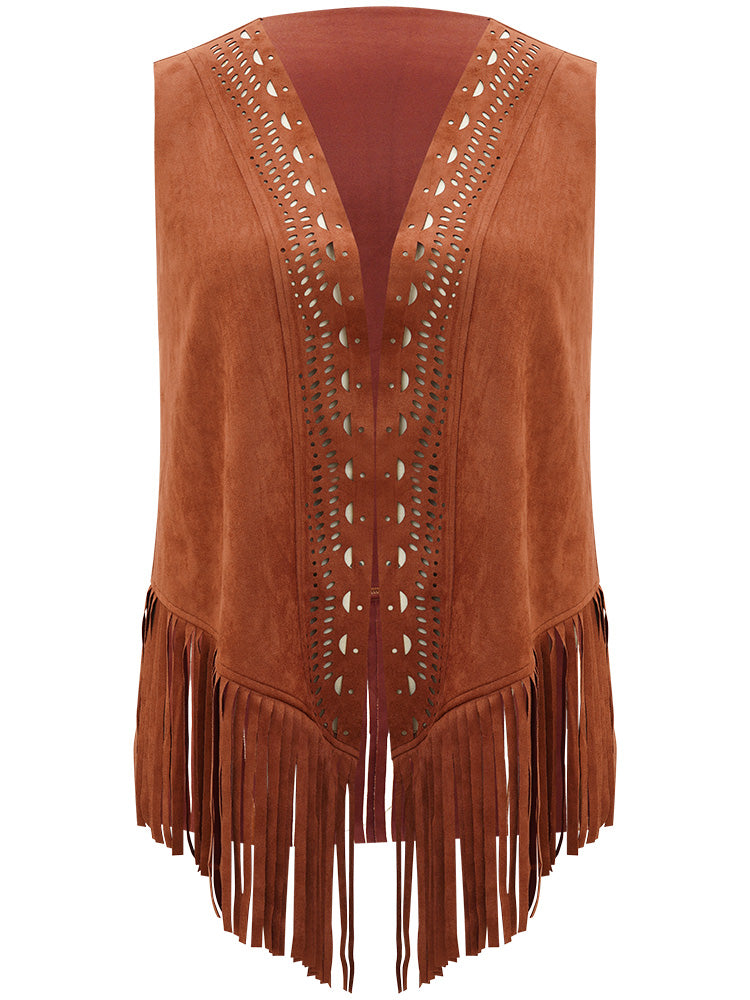 Plain Laser Cut Tassel Trim Sleeveless Kimono