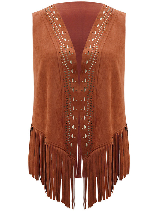 Plain Laser Cut Tassel Trim Sleeveless Kimono