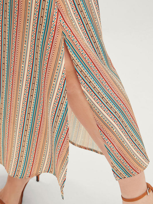 Striped Shirred Drawstring Dolman Sleeve Pocket Belted Split Dress