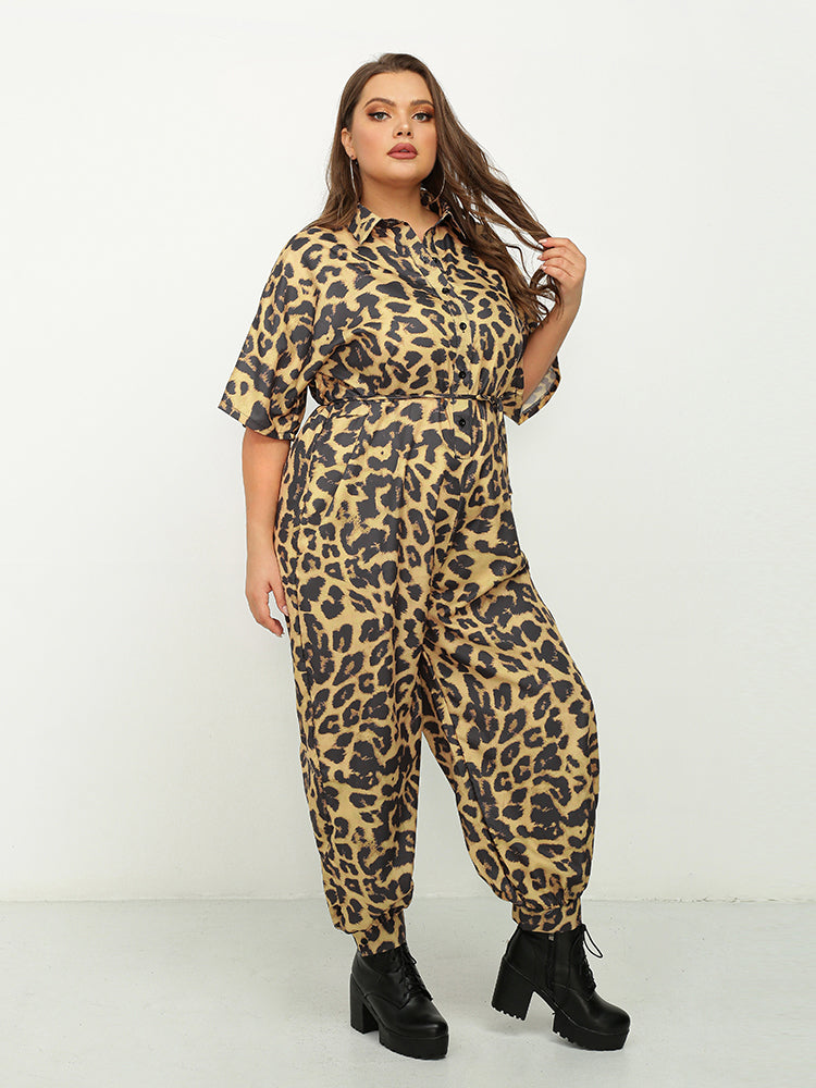 Leopard Print Button Front Jumpsuit