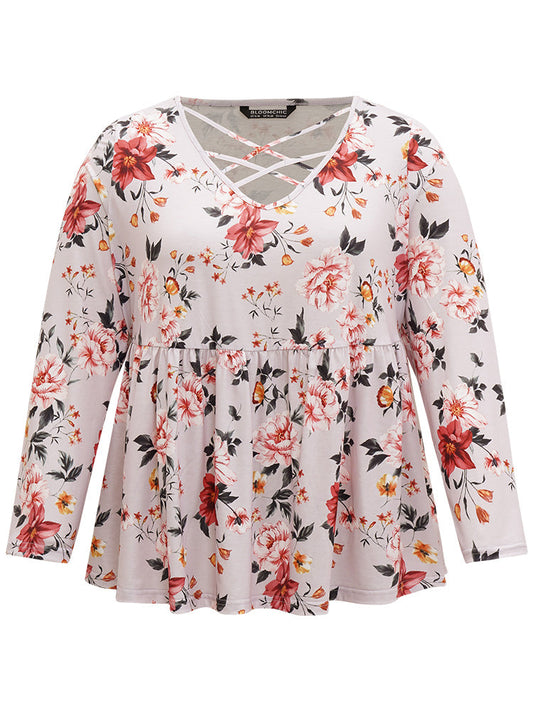 Floral Crisscross Gathered High Low Hem T-shirt