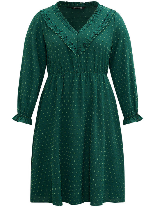 Solid Textured V Neck Lantern Sleeve Frill Trim Dress