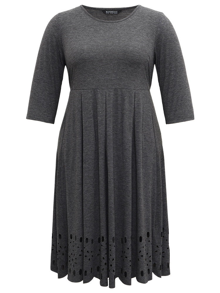 Plain Elastic Waist Laser Cut Crew Neck Dress