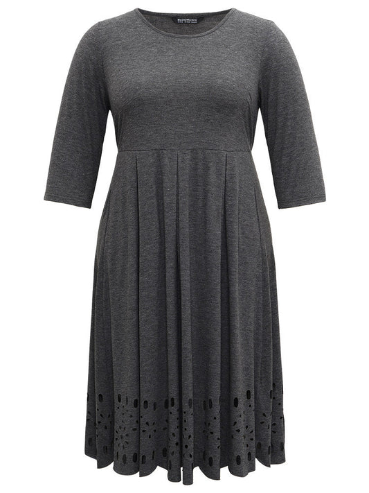 Plain Elastic Waist Laser Cut Crew Neck Dress