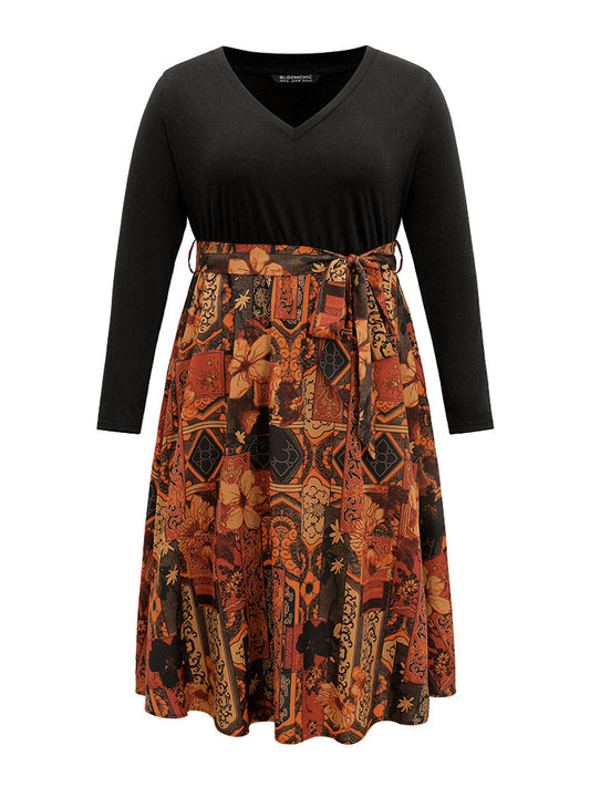 Bandana Print V Neck Patchwork Pocket Dress