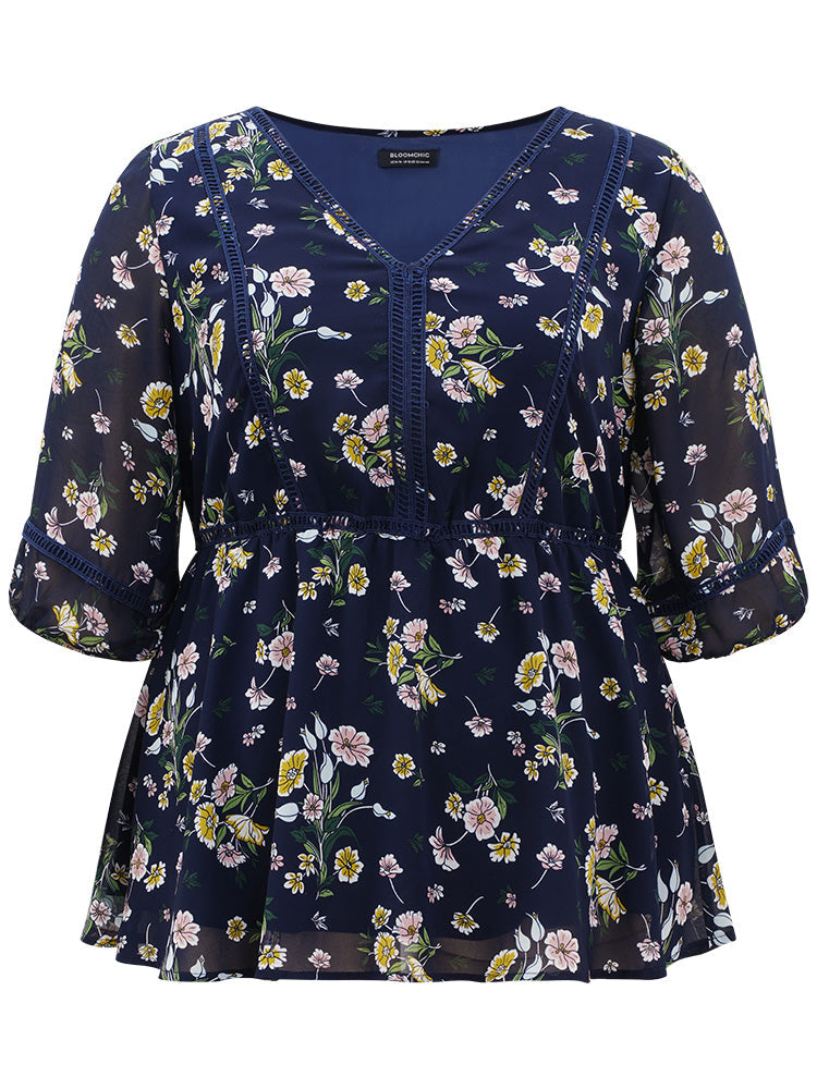 Floral Print V Neck Guipure Lace Mesh Lantern Sleeve Blouse