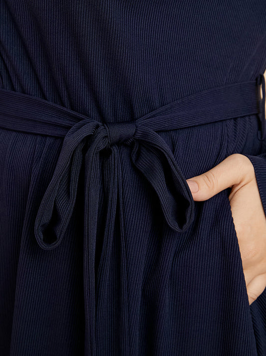 Solid Button Up Pocket Belted Rib Knit Shirt Collar Dress