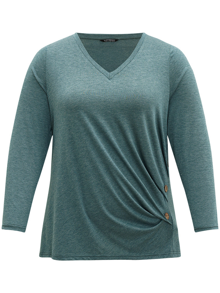 Plain Button Detail V Neck Gathered T-shirt