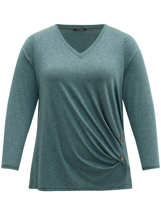 Plain Button Detail V Neck Gathered T-shirt