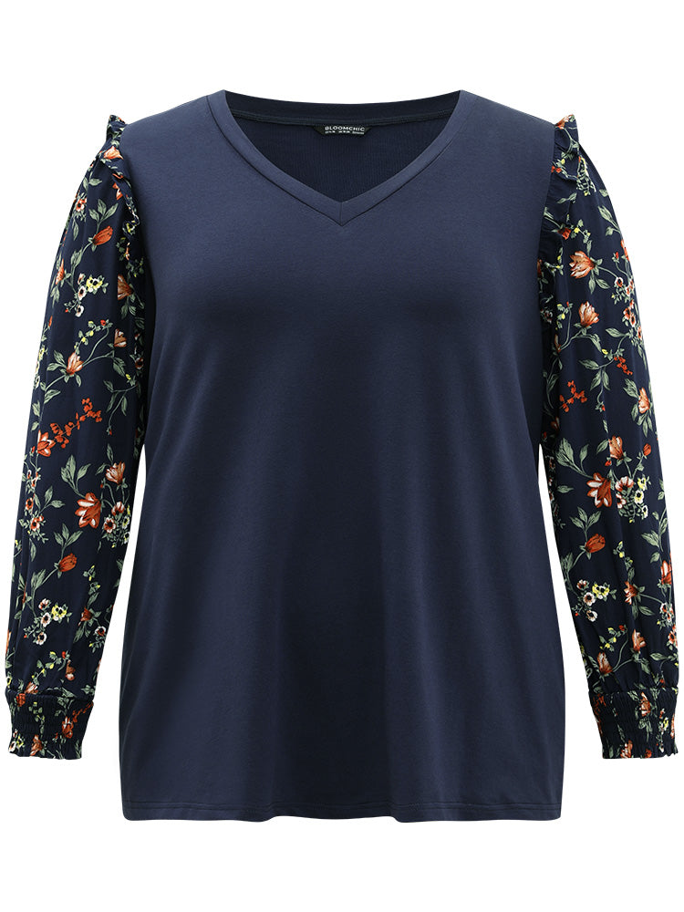 Plants Print Patchwork Shirred Frill Trim T-shirt