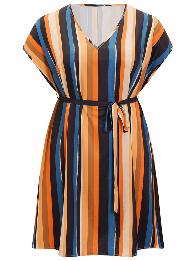 Rainbow Striped Batwing Sleeve Pocket Belt Dress