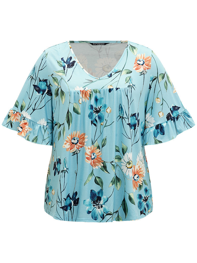 Floral Print Patchwork Ruffle Sleeve Gathered T-shirt