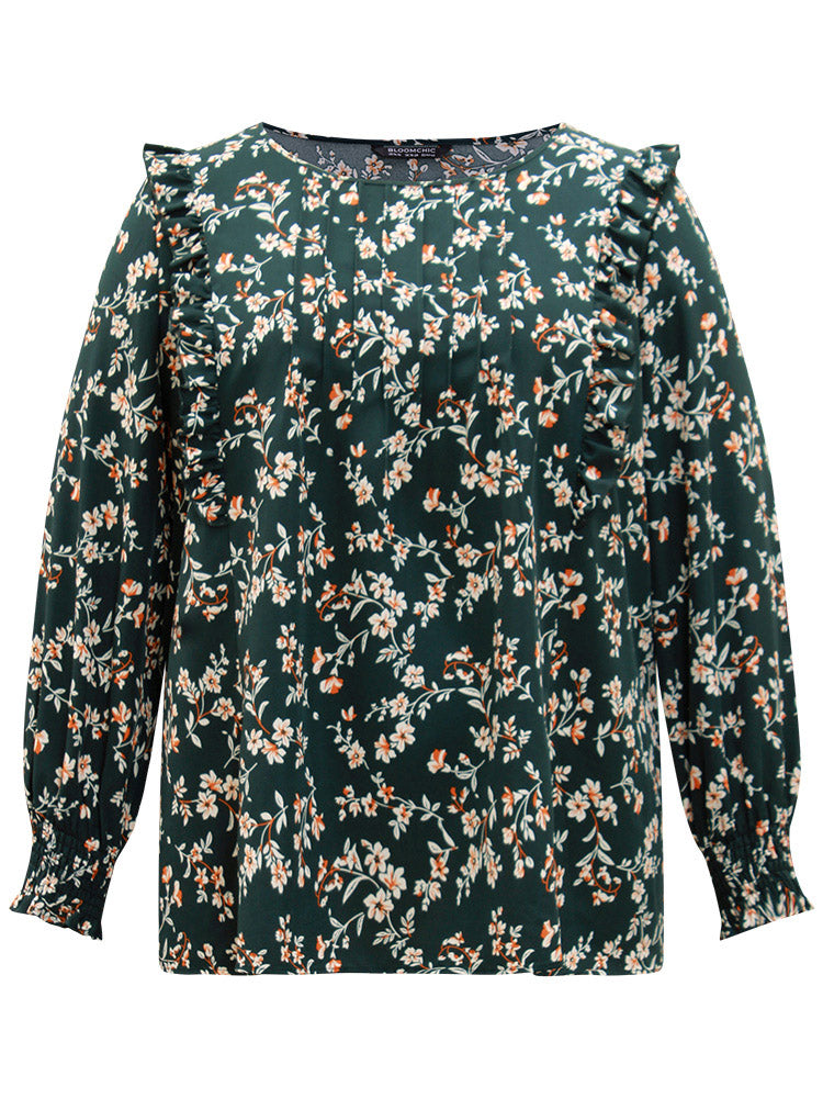 Ditsy Floral Shirred Cuffs Frill Trim Blouse