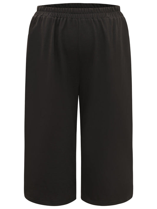 Plain Pocket Elastic Waist Split Hem Cropped Pants