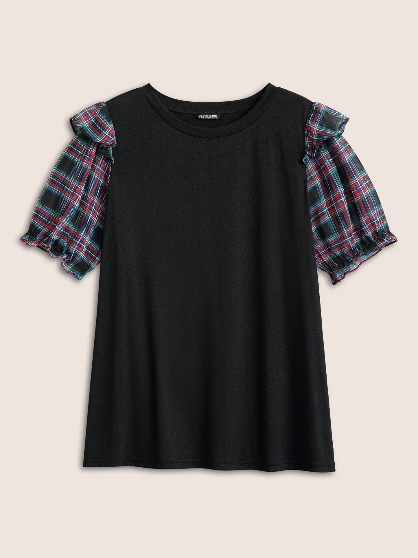 Plaid Patchwork Flounce Lantern Sleeve T-shirt
