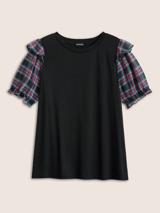 Plaid Patchwork Flounce Lantern Sleeve T-shirt