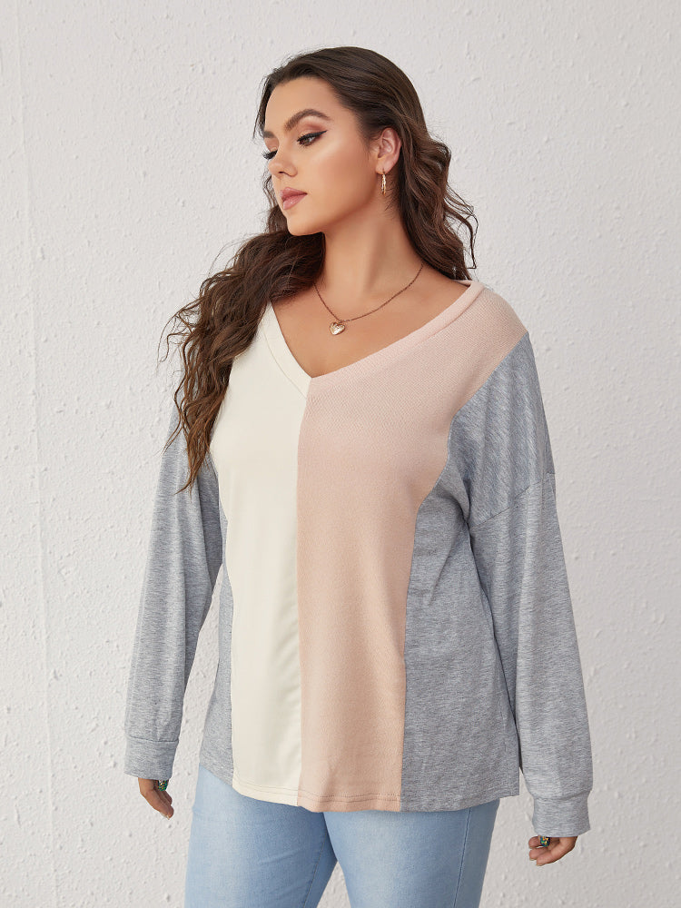 Contrast Patchwork V-Neck T-shirt