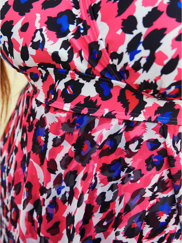 Leopard Print Wrap Sculpt Waist Mesh Flutter Hem Swim Dress