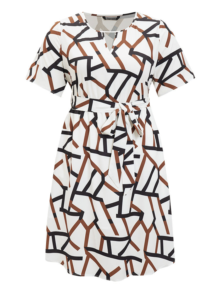 Geometric Print Pocket Ruffles Keyhole Neck Dress
