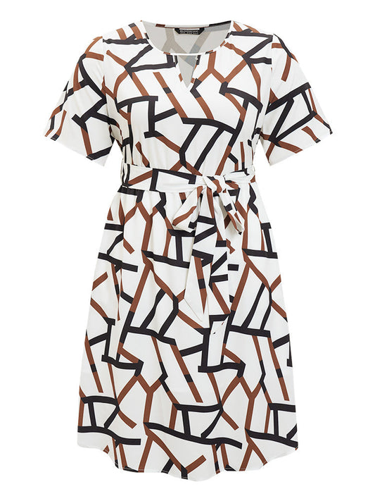 Geometric Print Pocket Ruffles Keyhole Neck Dress