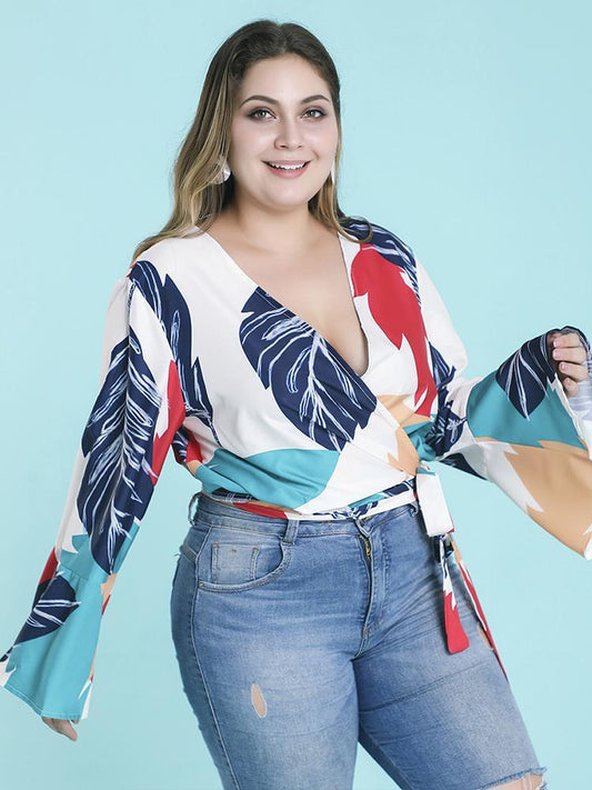 Tropical Printed Deep V-neck Flared Sleeve Top