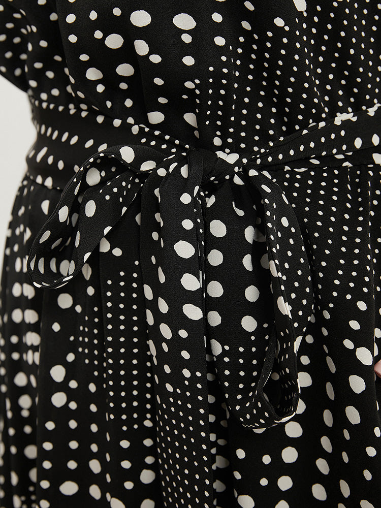 Polka Dot Asymmetrical Pocket Ruffles Belted Arc Hem Dress